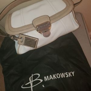 White and Cream Leather B. Makowsky handbag with Eggplant Interior